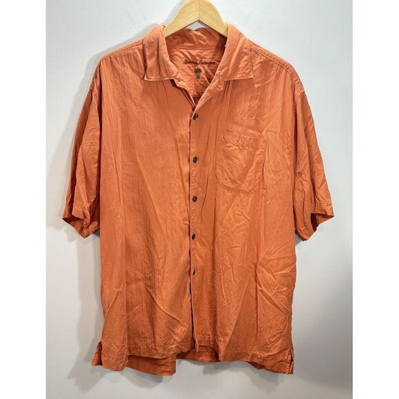 Tommy‎ Bahama Mens 100% Silk Orange Short Sleeve Button Down Shirt Sz XL - Picture 1 of 9
